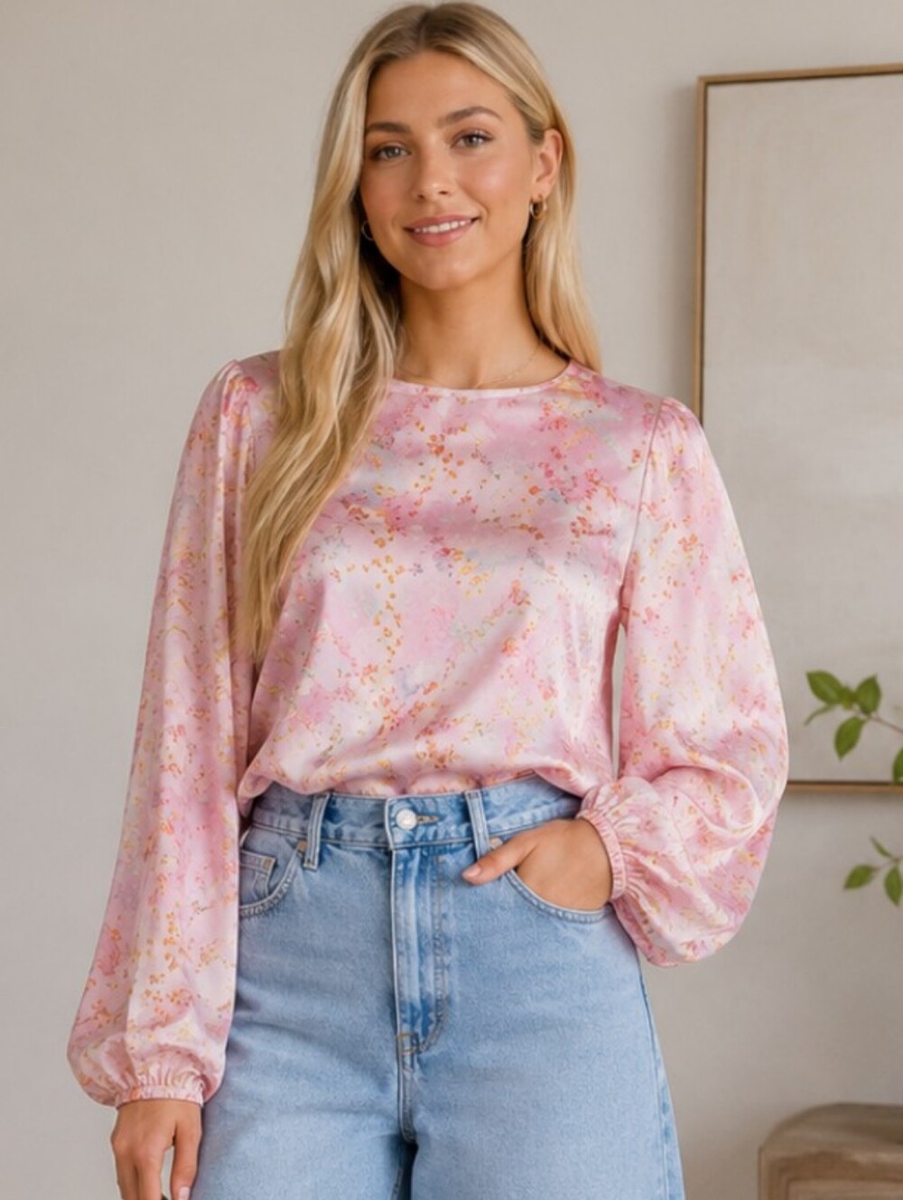 Pink Floral Satin Puffy Balloon Long-Sleeve Milkmaid Cropped Blouse Sz S